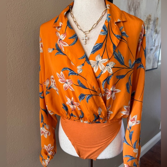 Tops - Floral Orange Wrap Long Sleeve Boho Bodysuit